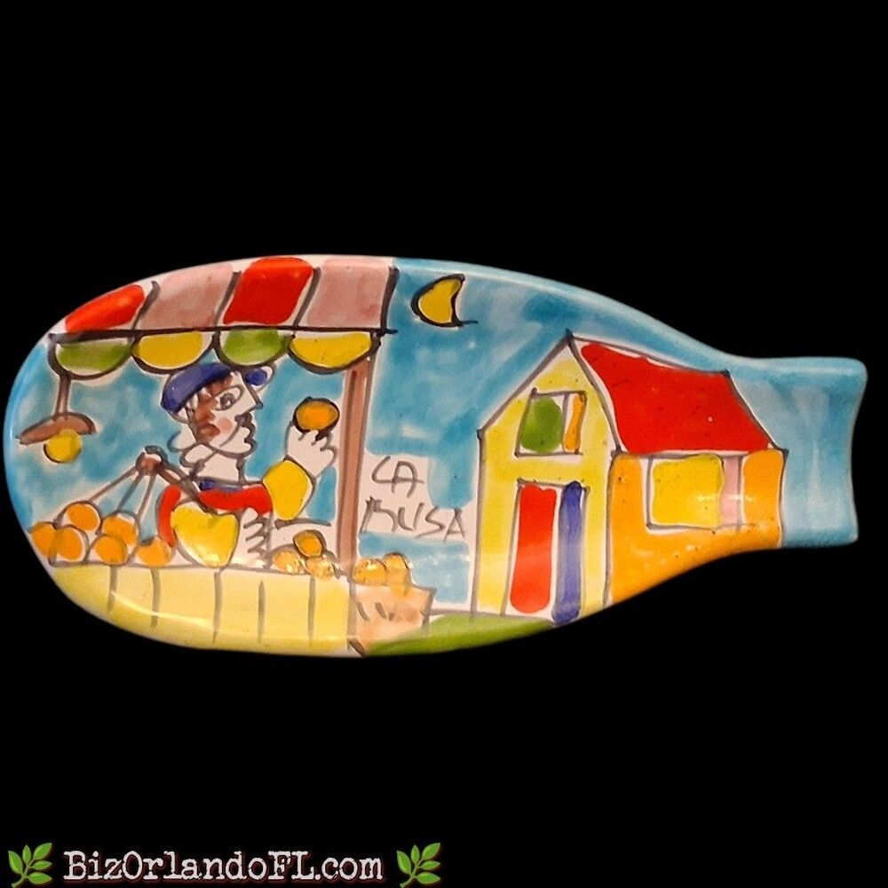 VINTAGE: La Musa Italy Pottery Spoon Rest - Hand Painted Abstract Folk Art Dish